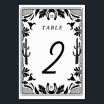 Tarjeta De Mesa Boda rústico de vaqueros de países occidentales<br><div class="desc">Diseño moderno de vaquero occidental con elementos dibujados a mano de cráneo de vaca, herradura, adornos florales y cactus. Diseño boda de borde floral blanco y negro con floral dibujada a mano, cactus, cráneo de vaca y herradura. Este moderno y moderno diseño de bodas de campo occidental es ideal para...</div>
