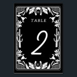 Tarjeta De Mesa Boda rústico de vaqueros de países occidentales<br><div class="desc">Diseño moderno de vaquero occidental con elementos dibujados a mano de cráneo de vaca, herradura, adornos florales y cactus. Diseño boda de borde floral blanco y negro con floral dibujada a mano, cactus, cráneo de vaca y herradura. Este moderno y moderno diseño de bodas de campo occidental es ideal para...</div>