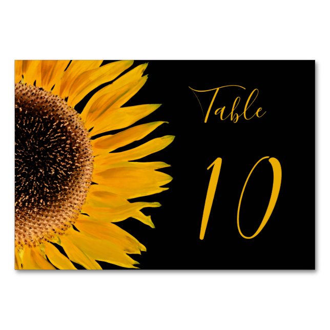Tarjeta De Mesa Boda Rústico Elegante De Girasol Negro Amarillo (Anverso)