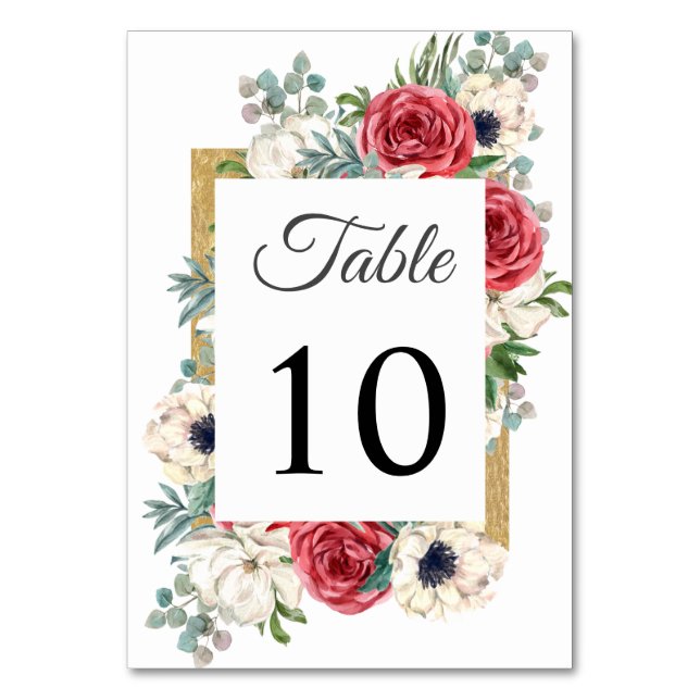 Tarjeta De Mesa Boda Rústico Elegante Rojo y Dorado Floral Blanco (Anverso)