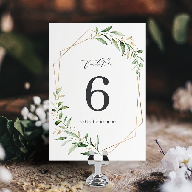 Tarjeta De Mesa Boda Rústico Geométrico de Oro de Verdemia Moderna (Modern Greenery Gold Geometric Rustic Wedding Table Number)