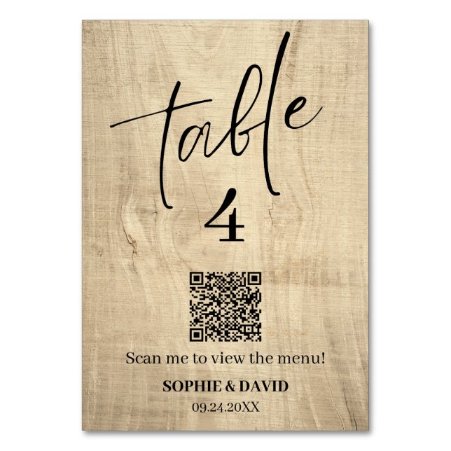 Tarjeta De Mesa Boda Rústico Personalizado de madera QR (Anverso)