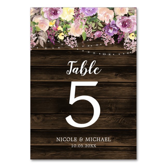 Tarjeta De Mesa Boda Rústico Purple Floral String Lights (Anverso)