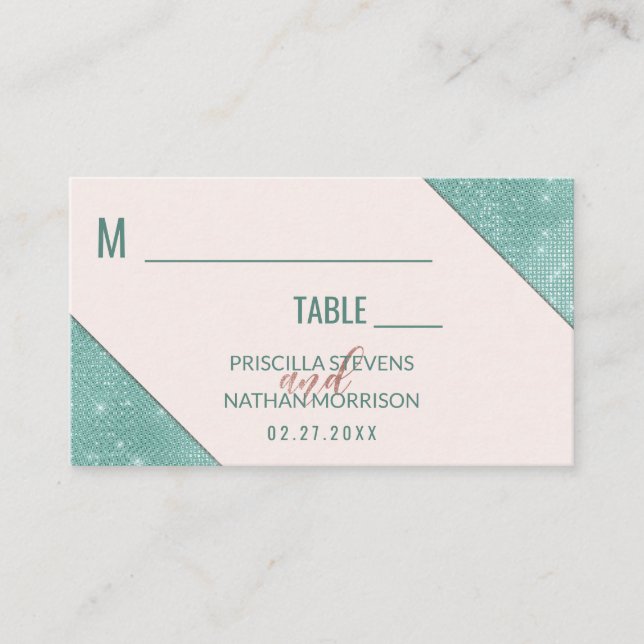 Tarjeta De Mesa Boda secuencial de Purpurinas de imitación azul ro (Anverso)