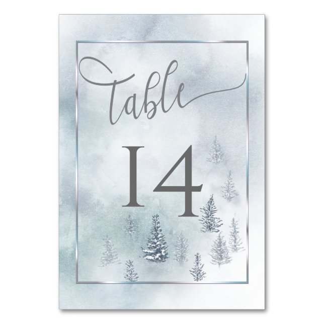 Tarjeta de mesa boda Silver Blue Winter Wonderland (Anverso)