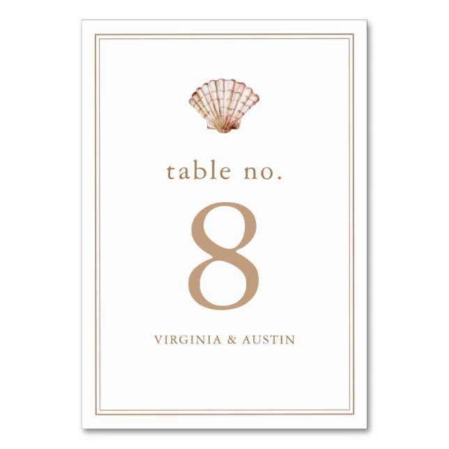 Tarjeta De Mesa Boda Simple Clásica de Concha de Playa (Anverso)