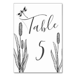 Tarjeta De Mesa Boda Simple de Libélula y Espadañas en Blanco y Ne