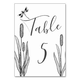 Tarjeta De Mesa Boda Simple de Libélula y Espadañas en Blanco y Ne