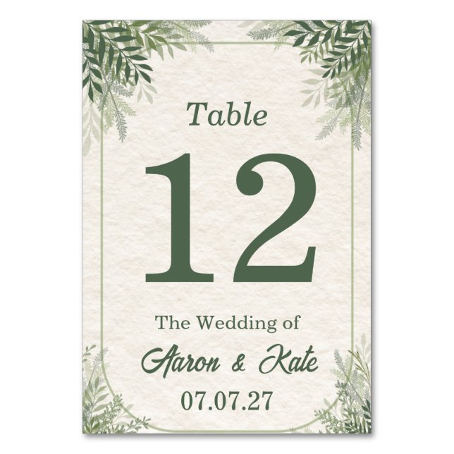 Tarjeta De Mesa Boda Simple Hojas Verdes Beige (Anverso)