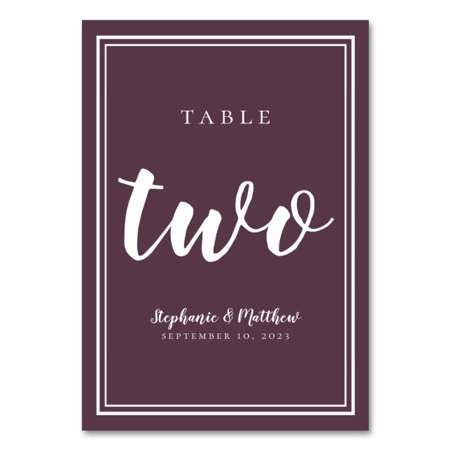 Tarjeta De Mesa Boda Simple Morado Melancólico | Mesa Número Dos (Anverso)
