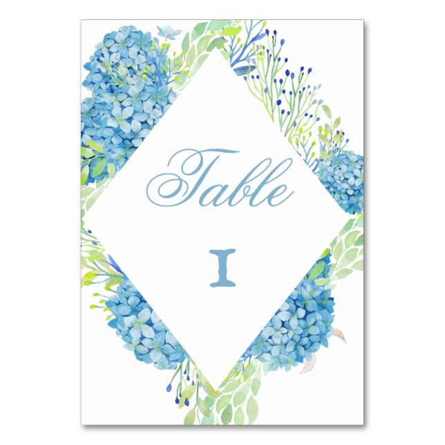 Tarjeta De Mesa Boda Sofisticada Hortensia Azul (Anverso)
