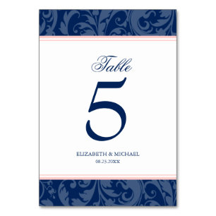 Tarjeta De Mesa Boda Swirl Navy Blue y Rubor Pink Damask