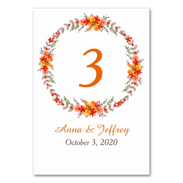 Tarjeta De Mesa Boda Tangerine Autumn Floral Wreath (Anverso)