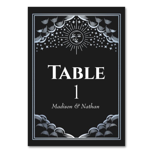 Tarjeta De Mesa Boda Tarot de Sol y Luna de Plata (Anverso)