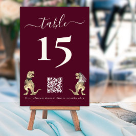 Tarjeta De Mesa Boda temática de dinosaurios Código QR Burgundy