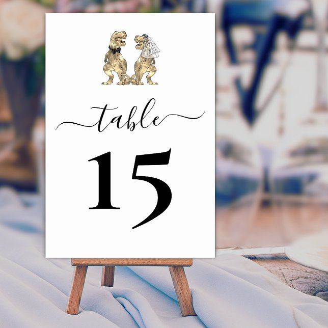 Tarjeta De Mesa Boda temática de dinosaurios Negro y Blanco (Dinosaur wedding black and white custom table number card T-Rex bride & groom elegant modern script)