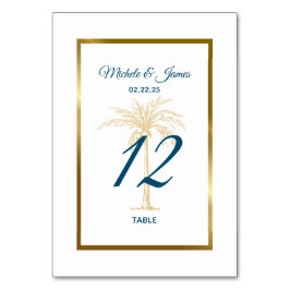 Tarjeta De Mesa Boda Tropical Blue Golden Palm Tree Beach
