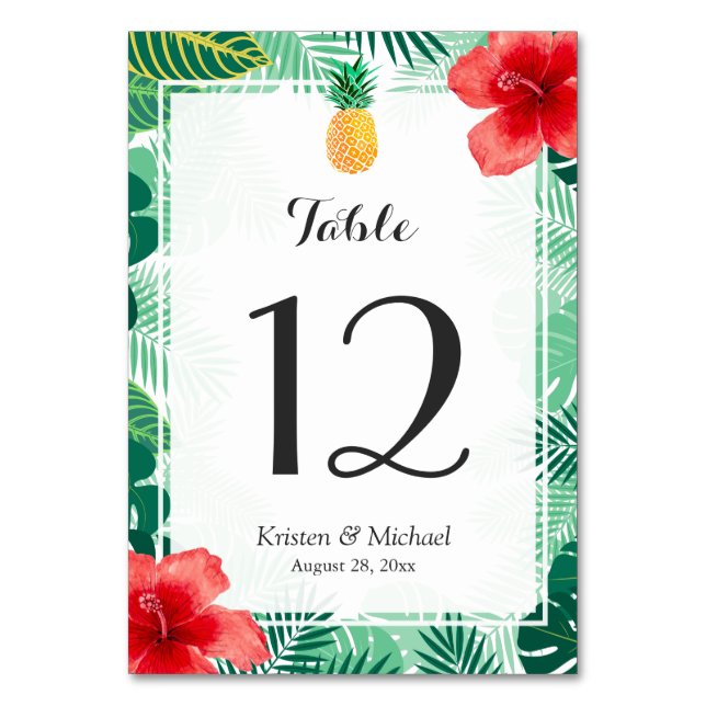 Tarjeta De Mesa Boda Tropical de Hibiscus Pineapple Número de tabl (Anverso)