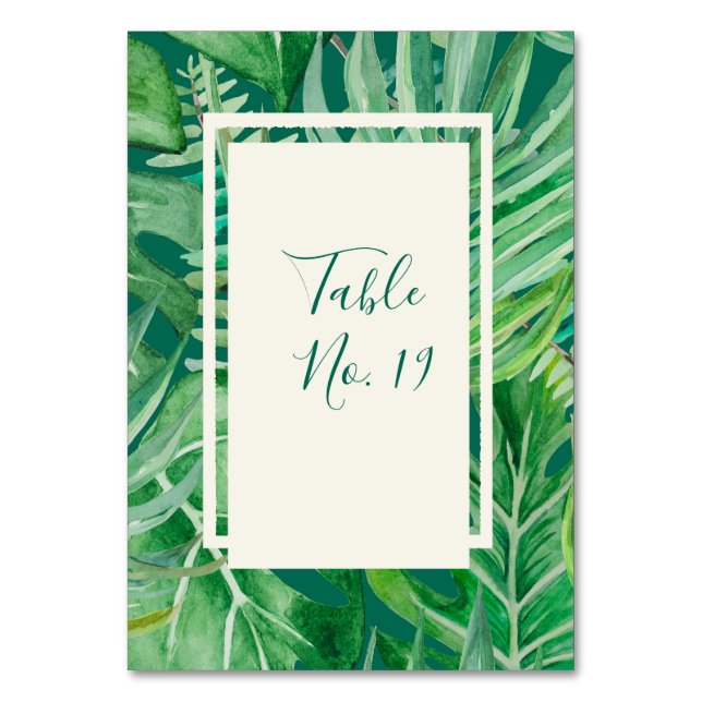 Tarjeta De Mesa boda tropical de vegetación esmeralda (Anverso)