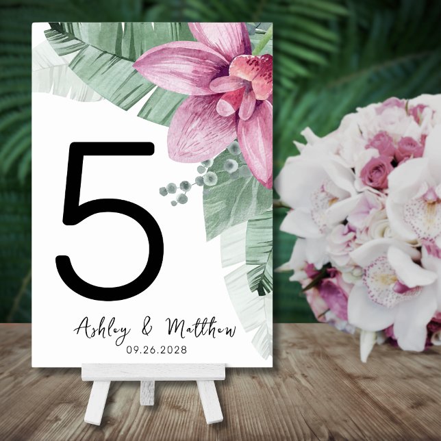 Tarjeta De Mesa Boda tropical floral de playa moderna (Modern Beach Palm Pink Floral Tropical Wedding Table Number)