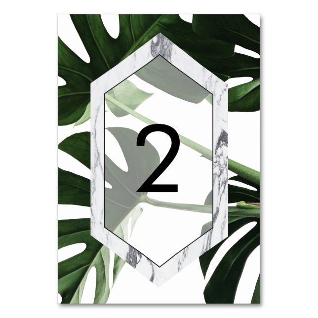 Tarjeta De Mesa Boda Tropical Monstera Mármol (Anverso)