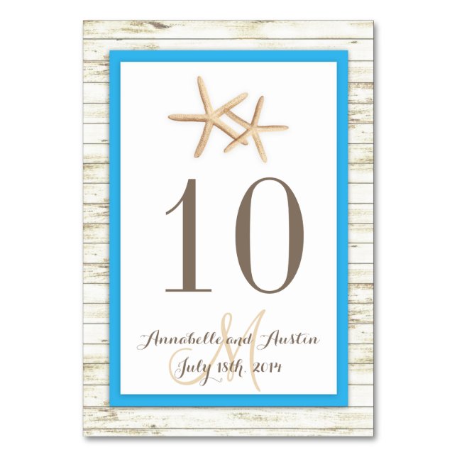 Tarjeta De Mesa Boda tropical Starfish Whitewashed Wood Beach (Anverso)