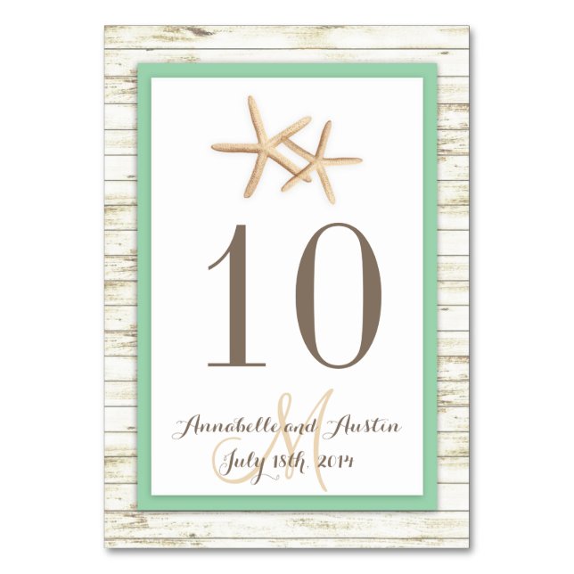 Tarjeta De Mesa Boda tropical Starfish Whitewashed Wood Beach (Anverso)