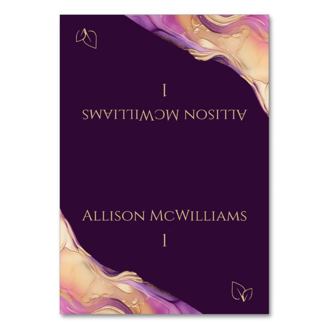 Tarjeta De Mesa Boda-vegetariano morado y dorado moderno (Anverso)