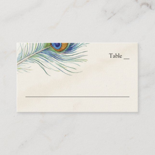 Tarjeta De Mesa Boda Verde azulado bohemio de la pluma de pavo rea (Anverso)