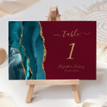 Tarjeta De Mesa Boda verde azulado de la Agate del Oro en Borgoña<br><div class="desc">El borde izquierdo de esta elegante y moderna tarjeta boda número de mesa cuenta con un verde azulado borde de barra de acuarela azul recortado con un falso purpurina de oro. El texto del personalizable combina la escritura a mano de color dorado, los tipos de letra cursiva y los tipos...</div>