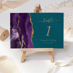 Tarjeta De Mesa Boda Verde azulado de Purple Gold Agate<br><div class="desc">El borde izquierdo de esta elegante y moderna tarjeta boda número de mesa cuenta con un borde de agate color morado con un falso purpurina de oro. El texto del personalizable combina la escritura a mano de color dorado y las fuentes cursiva y de copperplate en un fondo azul verde...</div>