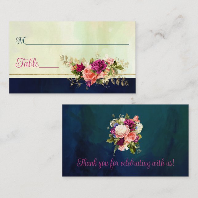 Tarjeta De Mesa Boda verde azulado, naval, verde, florines de oro (Anverso / Reverso)