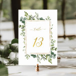 Tarjeta De Mesa Boda verde botánico Purpurina de oro número 13,<br><div class="desc">Cuadro 13. Compruebe todos los números disponibles. | Este número de tabla boda presenta la vegetación de eucalipto de color de agua pintada y hojas verdes con un marco rectangular falso purpurina de oro, texto y número. Para una personalización más avanzada de este diseño, haga clic en el BOTÓN HERRAMIENTA...</div>