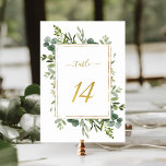 Tarjeta De Mesa Boda verde botánico Purpurina de oro número 14,<br><div class="desc">Cuadro 14. Compruebe todos los números disponibles. | Este número de tabla boda presenta la vegetación de eucalipto de color de agua pintada y hojas verdes con un marco rectangular falso purpurina de oro, texto y número. Para una personalización más avanzada de este diseño, haga clic en el BOTÓN HERRAMIENTA...</div>