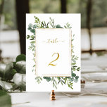 Tarjeta De Mesa Boda verde botánico Purpurina de oro número 2,<br><div class="desc">Cuadro 2. Compruebe todos los números disponibles. | Este número de tabla boda presenta la vegetación de eucalipto de color de agua pintada y hojas verdes con un marco rectangular falso purpurina de oro, texto y número. Para una personalización más avanzada de este diseño, haga clic en el BOTÓN HERRAMIENTA...</div>