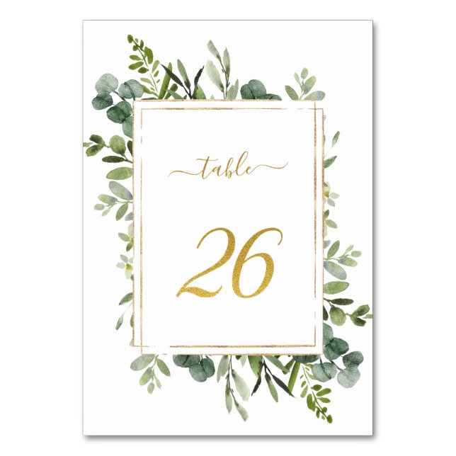 Tarjeta De Mesa Boda verde botánico Purpurina de oro número 26, (Anverso)
