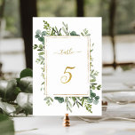 Tarjeta De Mesa Boda verde botánico Purpurina de oro número 5,<br><div class="desc">Cuadro 5. Compruebe todos los números disponibles. | Este número de tabla boda presenta la vegetación de eucalipto de color de agua pintada y hojas verdes con un marco rectangular falso purpurina de oro, texto y número. Para una personalización más avanzada de este diseño, haga clic en el BOTÓN HERRAMIENTA...</div>