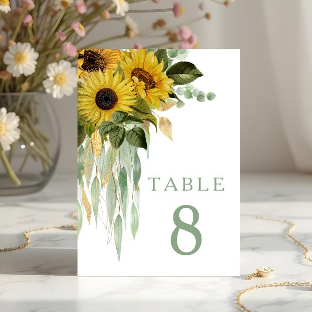 Tarjeta De Mesa Boda Verde del girasol floral Eucalyptus Sage (Floral Sunflower Eucalyptus Sage Green Wedding Table Number)