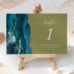 Tarjeta De Mesa Boda Verde Oleado verde azulado Agate Olive<br><div class="desc">El borde izquierdo de esta elegante y moderna tarjeta boda número de mesa cuenta con un verde azulado borde de barra de acuarela azul recortado con un falso purpurina de oro. El texto del personalizable combina la escritura a mano de marfil, las fuentes cursiva y de copperplate en un fondo...</div>