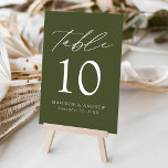 Tarjeta De Mesa Boda verde oliva moderno y elegante<br><div class="desc">Tarjetas de números de tabla minimalistas y modernas con letras blancas modernas con "Table" en un guión moderno de caligrafía. El diseño presenta un fondo verde oliva o un color de su elección. El diseño se repite en la parte posterior. Para solicitar las tarjetas de tabla: agregue su nombre, fecha...</div>