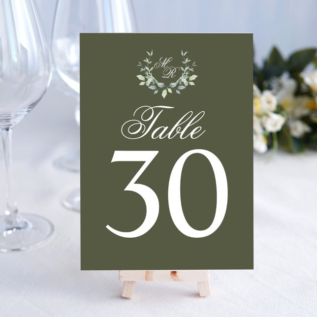 Tarjeta De Mesa Boda verde oliva Número de tabla Monograma Motismo (Olive green wedding table number sign.)