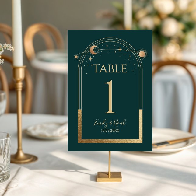 Tarjeta De Mesa Boda Verde Oro Sol Luna Estrellas Celestiales (Subido por el creador)