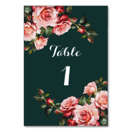 Tarjeta De Mesa Boda verde rosa rosa y rosas rojas moodias oscuras