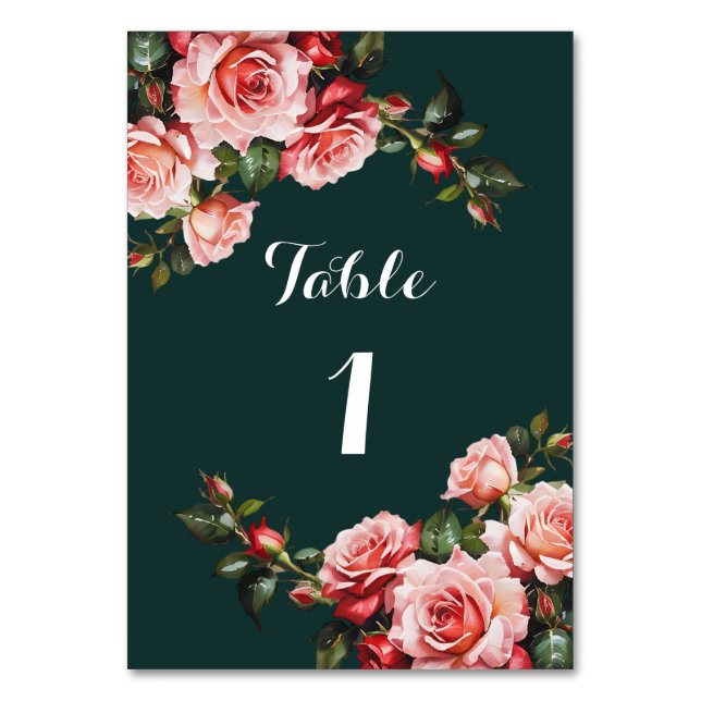Tarjeta De Mesa Boda verde rosa rosa y rosas rojas moodias oscuras (Anverso)