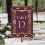 Tarjeta De Mesa Boda Vintage Deco Frame Burgundy Gold<br><div class="desc">Esta elegante tarjeta boda de inspiración vintage cuenta con un Relieve metalizado dorado con borde geométrico en color rojo burdeos. La palabra "tabla" aparece en una fuente decorativa de color dorado estilo años 20. (Edite el número de tabla por separado para cada tarjeta individual.)</div>