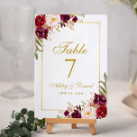 Tarjeta De Mesa Boda Watercolor Floral Burgundy Gold<br><div class="desc">Tarjeta de mesa de Boda acuarela floral borgoña dorada</div>