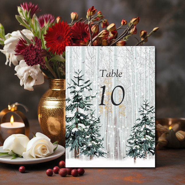 Tarjeta De Mesa Boda Winter Wonderland, pinos copos de nieve (Subido por el creador)