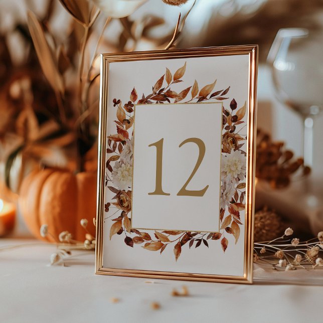 Tarjeta De Mesa Bodas Botánicas de Hojas de Terracota de Otoño (Elegant Fall Terracotta Leaves Botancial Wedding Table Number Sign by Painted Paperie
)