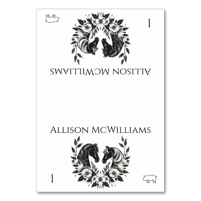 Tarjeta De Mesa Bodas de campo-Caballos y flores- cerdo (Anverso)