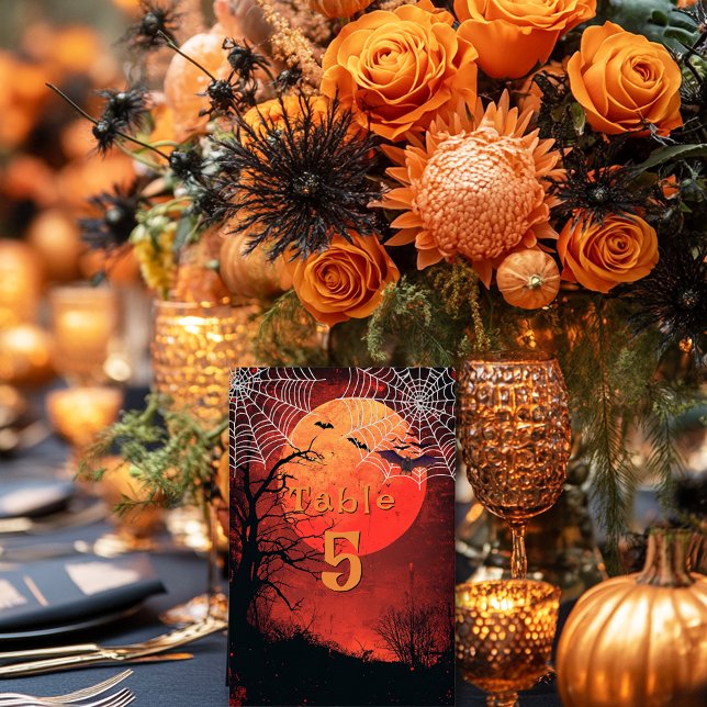 Tarjeta De Mesa Bodas de Halloween Murciélagos Telarañas (Halloween Table Card)